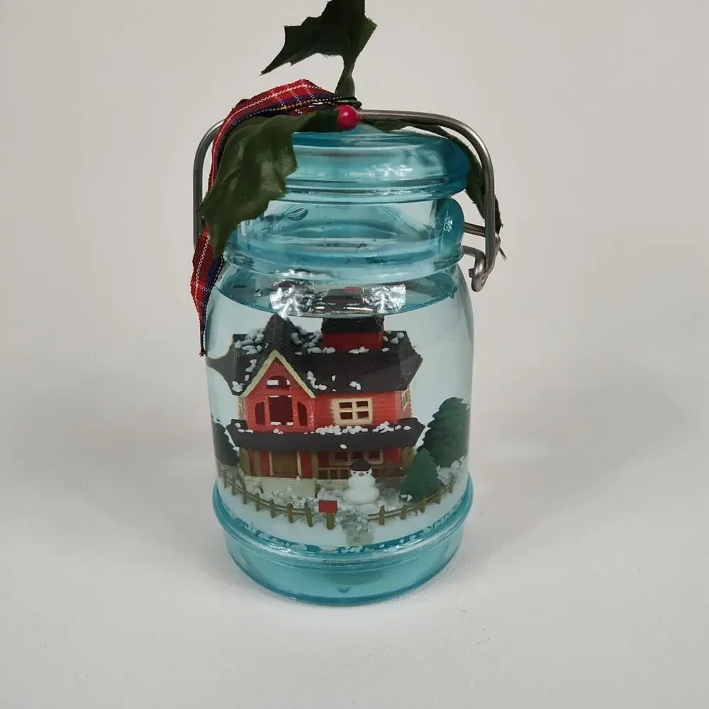 Vintage Enesco Plastic Mason Jar‎ Christmas House Snow Globe 1989